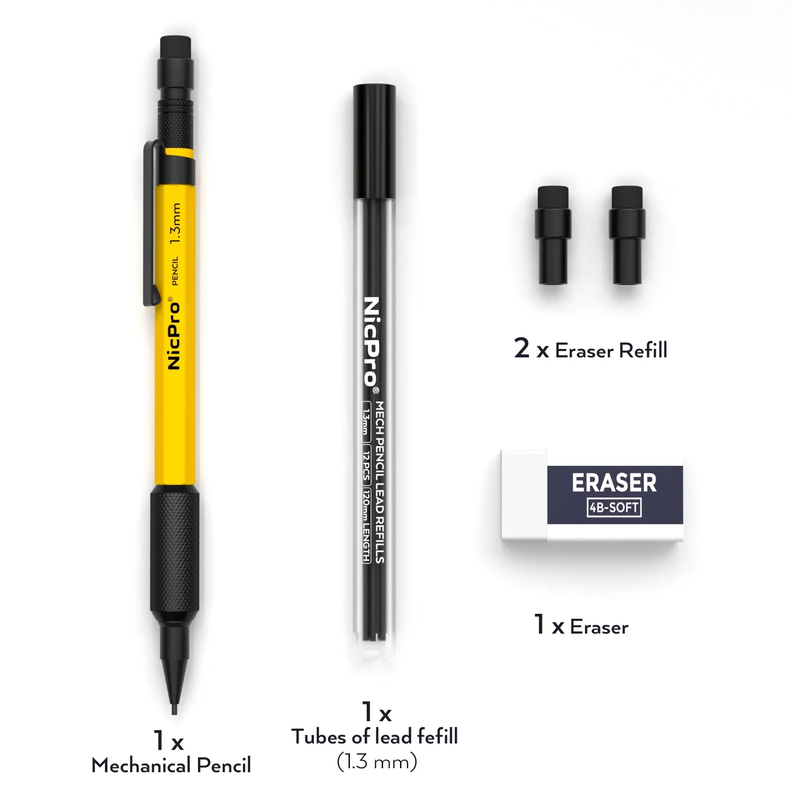 Nicpro 1.3 mm Mechanical Pencils Set with 12 Lead Refill, Eraser - Weatherproof Metal Barrel, Heavy Duty Carpenter Pencil for Outdoor Marking Drafting Drawing Sketching Woodworking - with Case