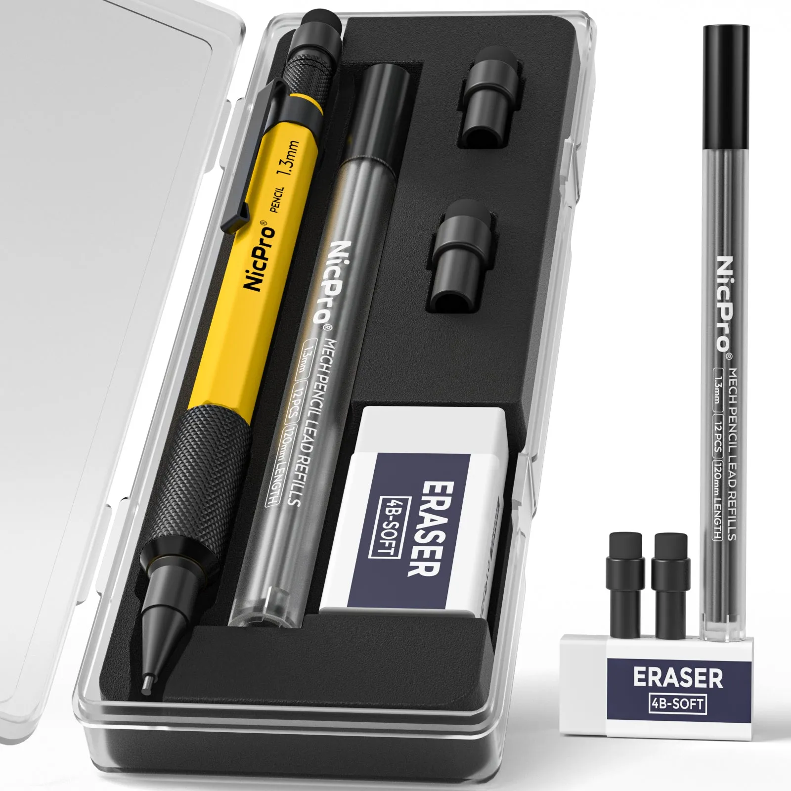 Nicpro 1.3 mm Mechanical Pencils Set with 12 Lead Refill, Eraser - Weatherproof Metal Barrel, Heavy Duty Carpenter Pencil for Outdoor Marking Drafting Drawing Sketching Woodworking - with Case