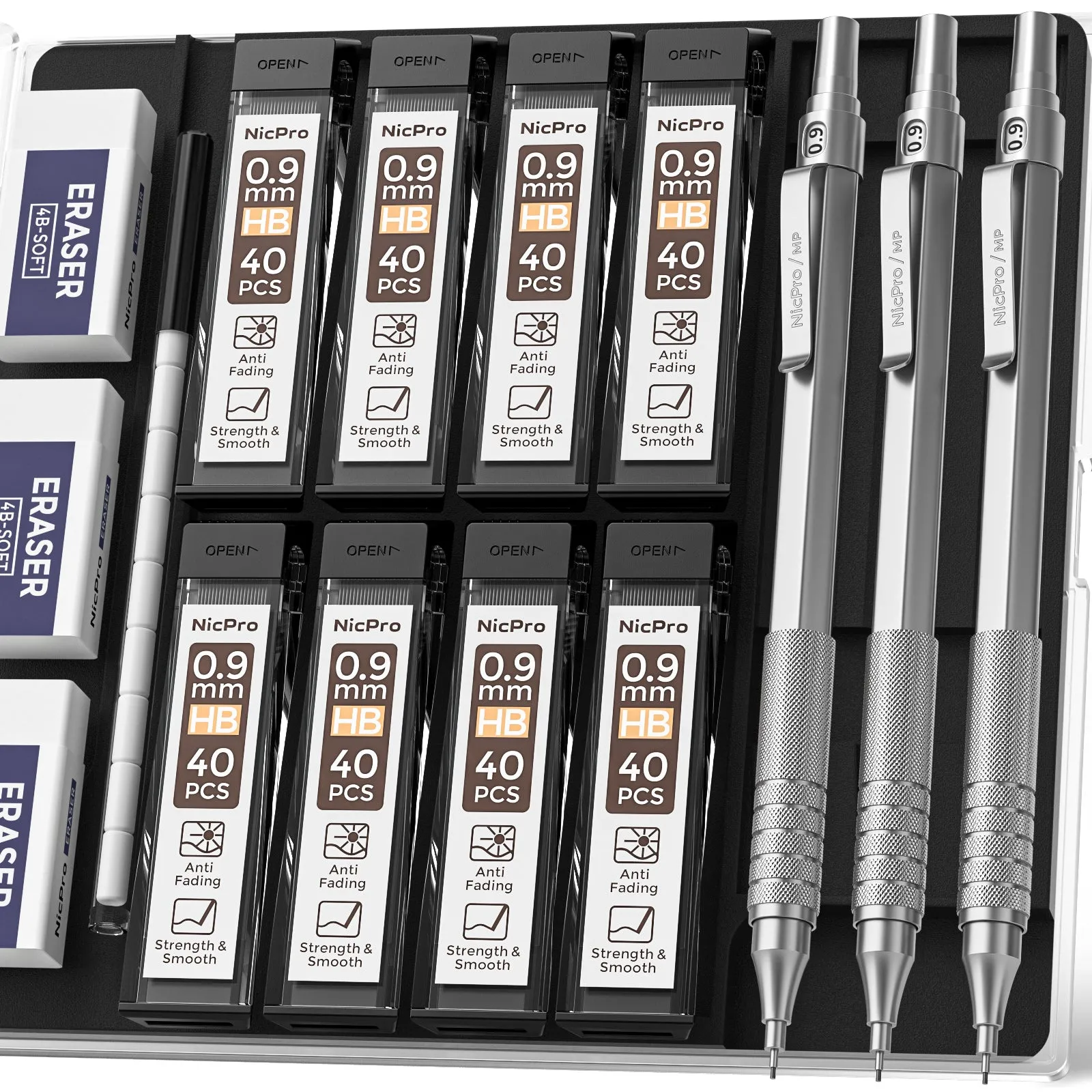 Nicpro 3 Pcs 0.9 mm Metal Mechanical Pencils, with 6 Tubes HB Lead Refills, 3Pcs Erasers, Erasers Refills, Drafting Pencil Set with Case - Silver