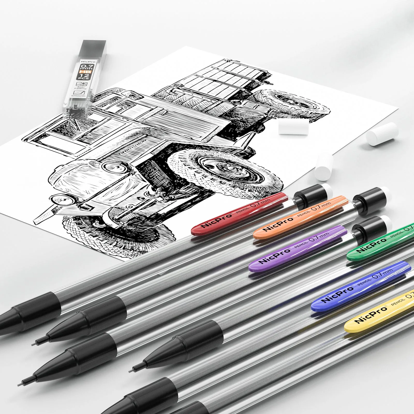 Nicpro 6 PCS 0.7 mm Mechanical Pencil Set, Color Pencil Clips Design Drafting Pencil with HB Lead Refills, 3 Eraser Refills for Student Writing, Drawing, Sketching