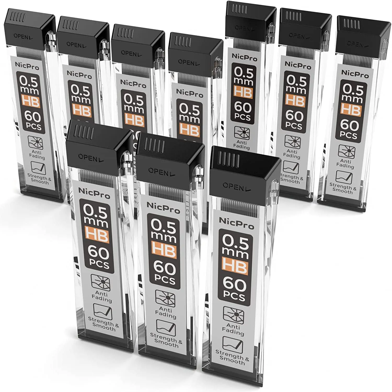 Nicpro 600 PCS Lead Refills 0.5mm HB #2 Break Resistant Mechanical Pencil Refills 0.5 mm, 60 Pack Per Tube, 10 Tubes