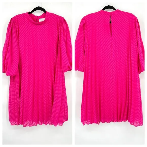 NWOT ASOS Design Pink Pleated Trapeze Mini Dress with Puff Sleeves Size 14