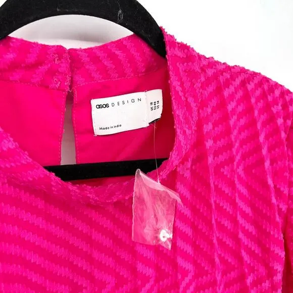 NWOT ASOS Design Pink Pleated Trapeze Mini Dress with Puff Sleeves Size 14