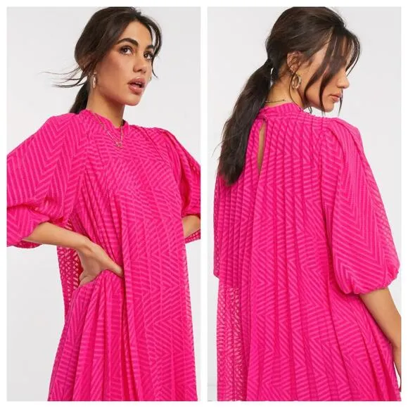 NWOT ASOS Design Pink Pleated Trapeze Mini Dress with Puff Sleeves Size 14