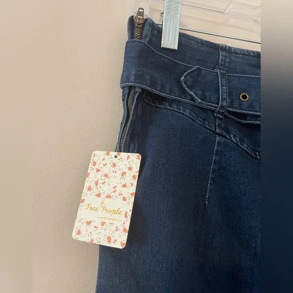 NWT Free People Womens Living It Up Denim Belted Pencil Mini Skirt Size 4