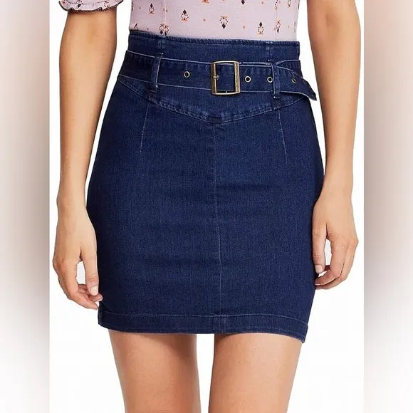 NWT Free People Womens Living It Up Denim Belted Pencil Mini Skirt Size 4