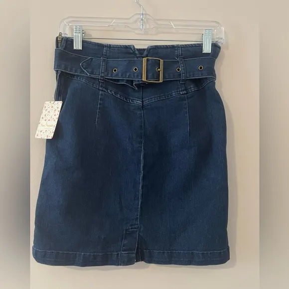 NWT Free People Womens Living It Up Denim Belted Pencil Mini Skirt Size 4