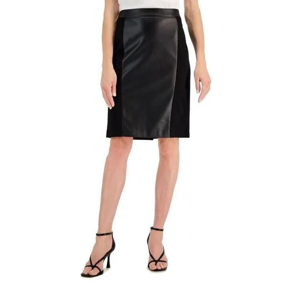 NWT Kasper | Black Faux Leather Front Panel Stretch Pencil Skirt
