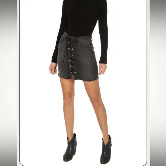 NWT L’AGENCE Portia black denim lace up front mini skirt 25