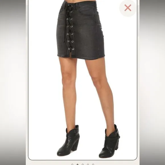 NWT L’AGENCE Portia black denim lace up front mini skirt 25
