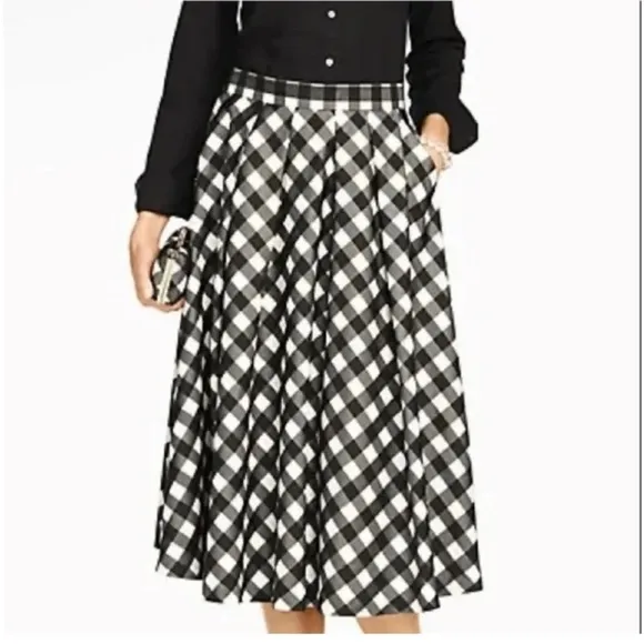 NWT Talbots Black White Buffalo Plaid Pleated A-Line Pocket Taffeta full Skirt