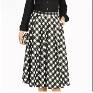 NWT Talbots Black White Buffalo Plaid Pleated A-Line Pocket Taffeta full Skirt