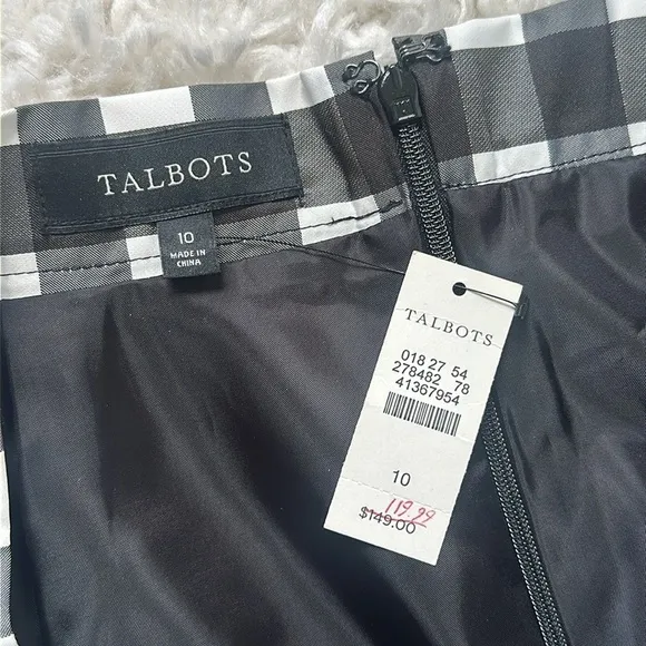 NWT Talbots Black White Buffalo Plaid Pleated A-Line Pocket Taffeta full Skirt