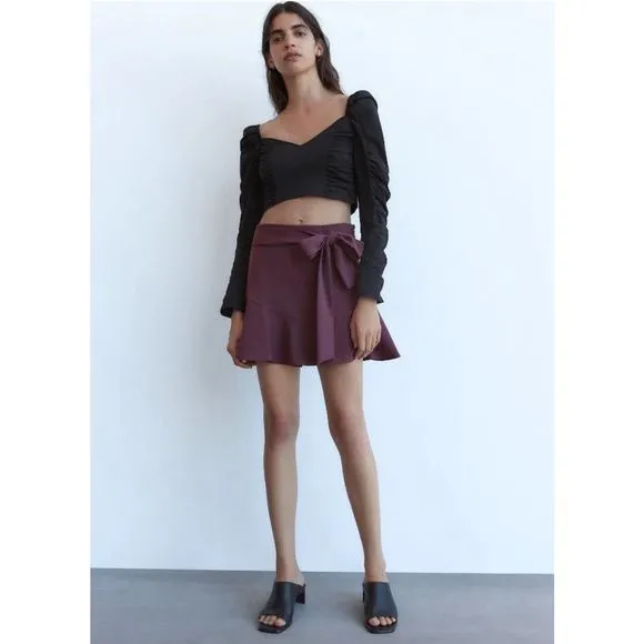 NWT Zara Purple Bermuda Skort Tie Belt Flare Belted Mini Skirt with Shorts