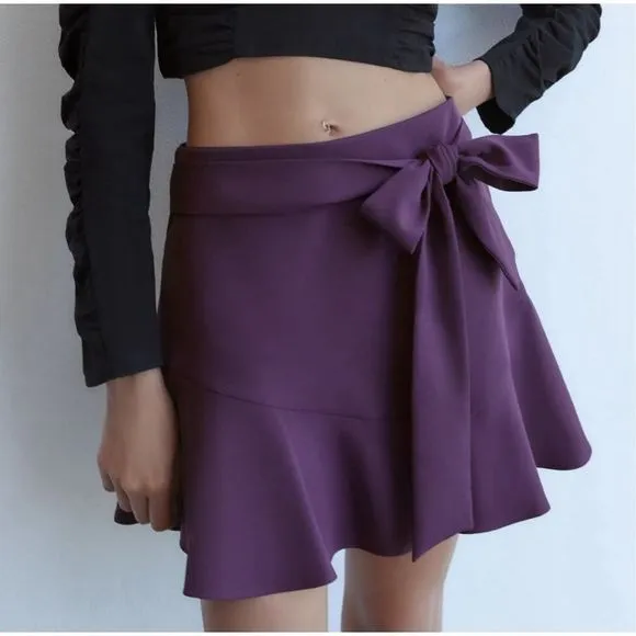 NWT Zara Purple Bermuda Skort Tie Belt Flare Belted Mini Skirt with Shorts