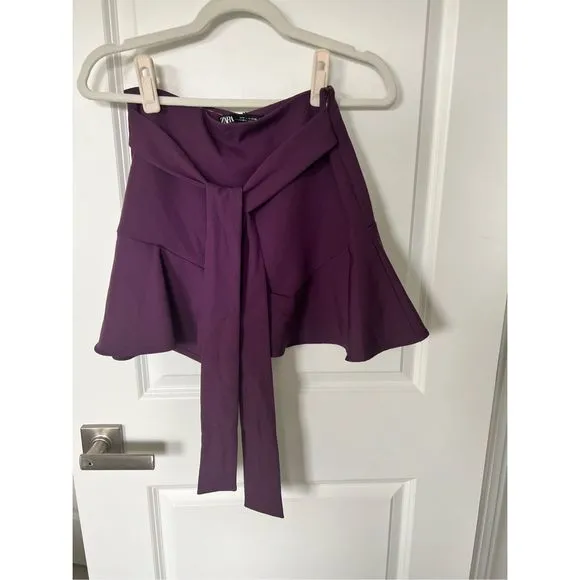 NWT Zara Purple Bermuda Skort Tie Belt Flare Belted Mini Skirt with Shorts