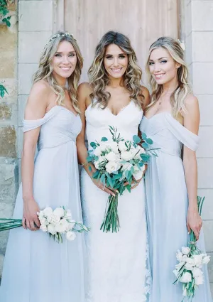 Off Shoulder Ruched A-line Backless Crisscross Floor-Length Chiffon Bridesmaid Dress