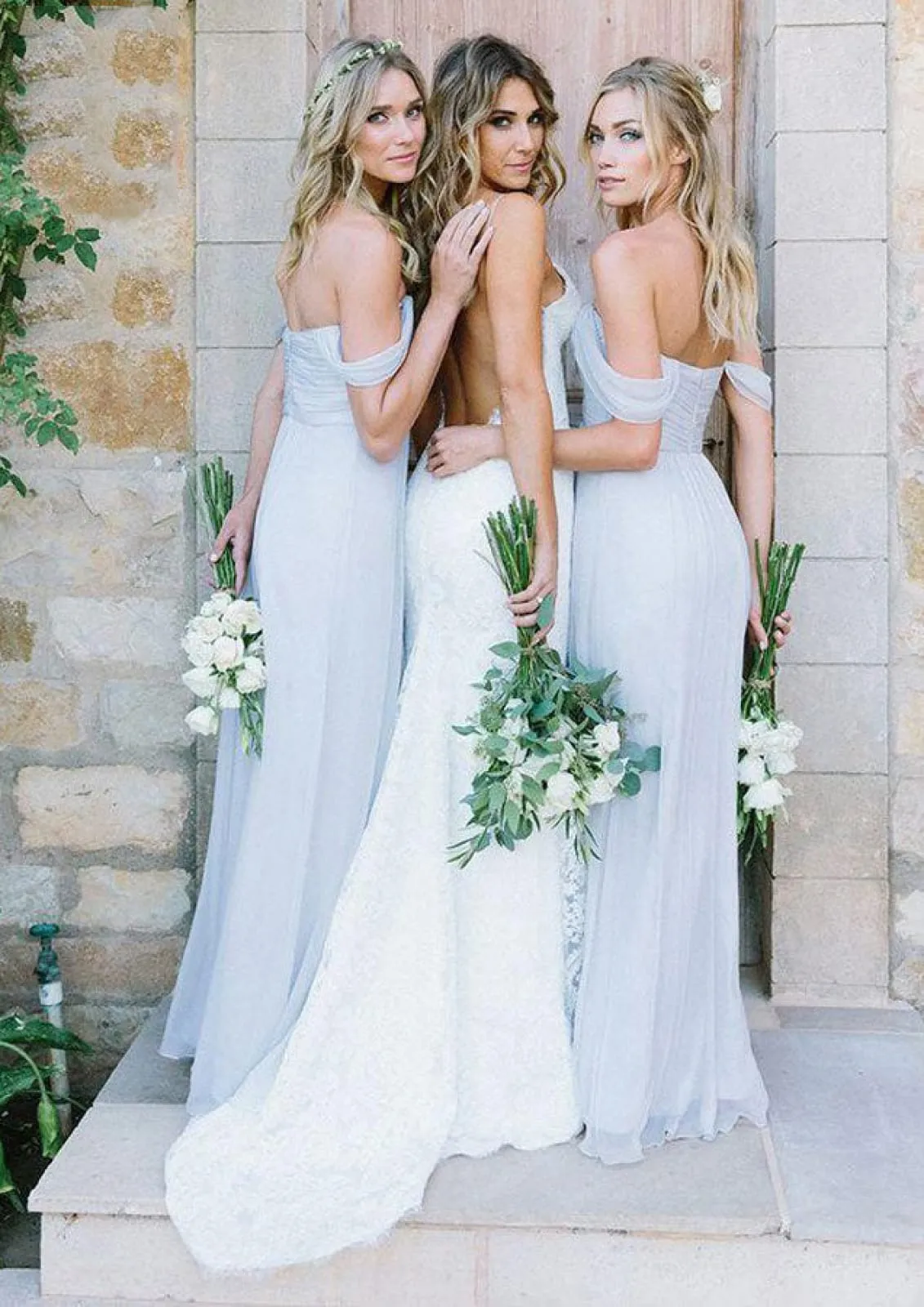 Off Shoulder Ruched A-line Backless Crisscross Floor-Length Chiffon Bridesmaid Dress