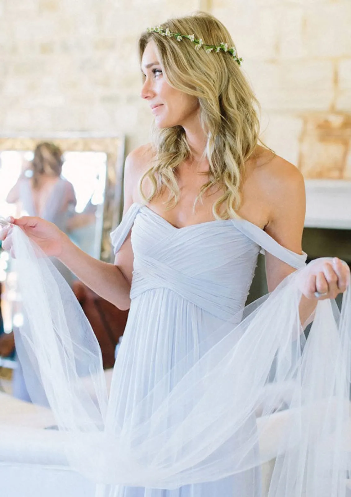 Off Shoulder Ruched A-line Backless Crisscross Floor-Length Chiffon Bridesmaid Dress