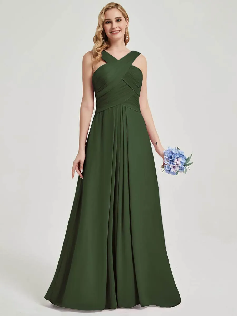Olive Cross Neck A-Line Floor Length Pleated Chiffon Bridesmaid Dress