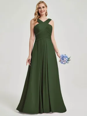 Olive Cross Neck A-Line Floor Length Pleated Chiffon Bridesmaid Dress