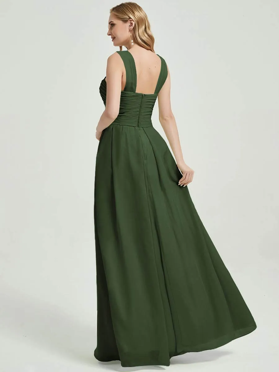 Olive Cross Neck A-Line Floor Length Pleated Chiffon Bridesmaid Dress