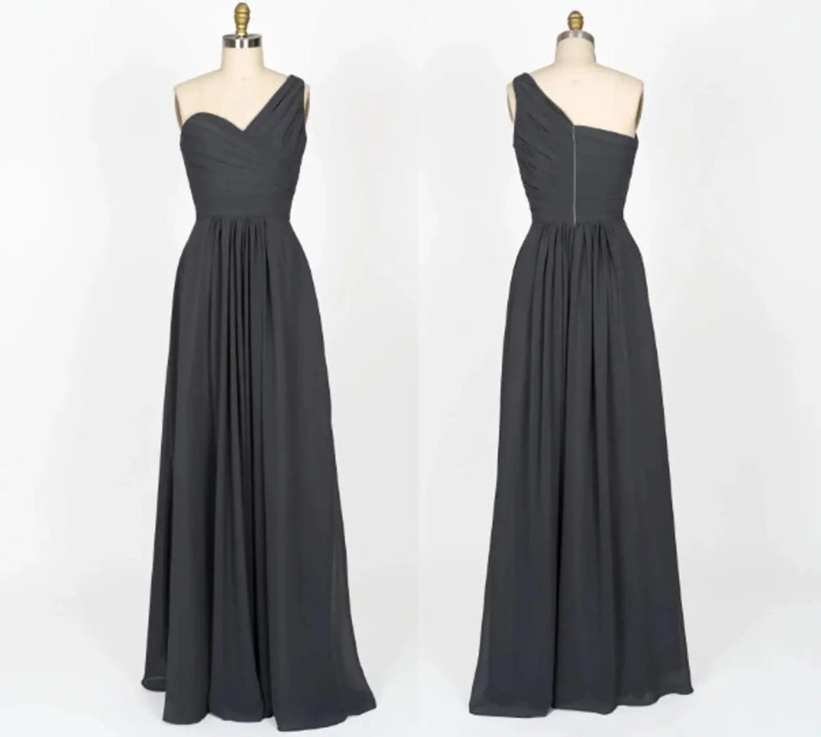 One Shoulder Pleated Bodice Steel Grey Chiffon Long Bridesmaid Dress