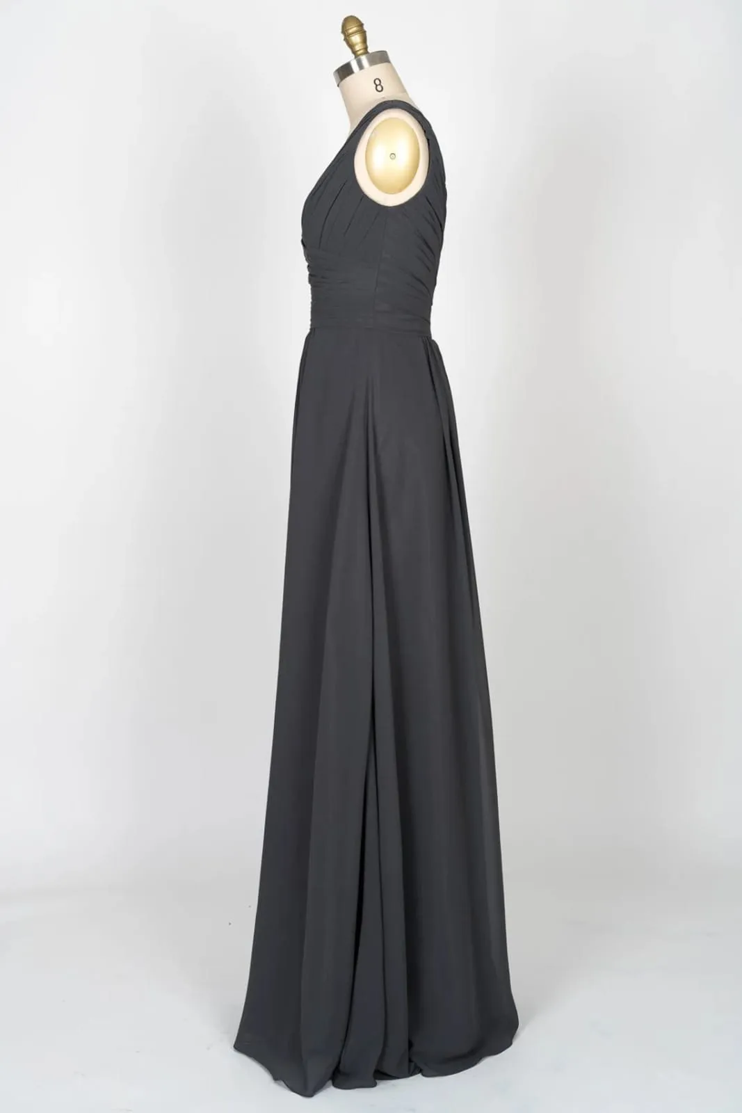 One Shoulder Pleated Bodice Steel Grey Chiffon Long Bridesmaid Dress