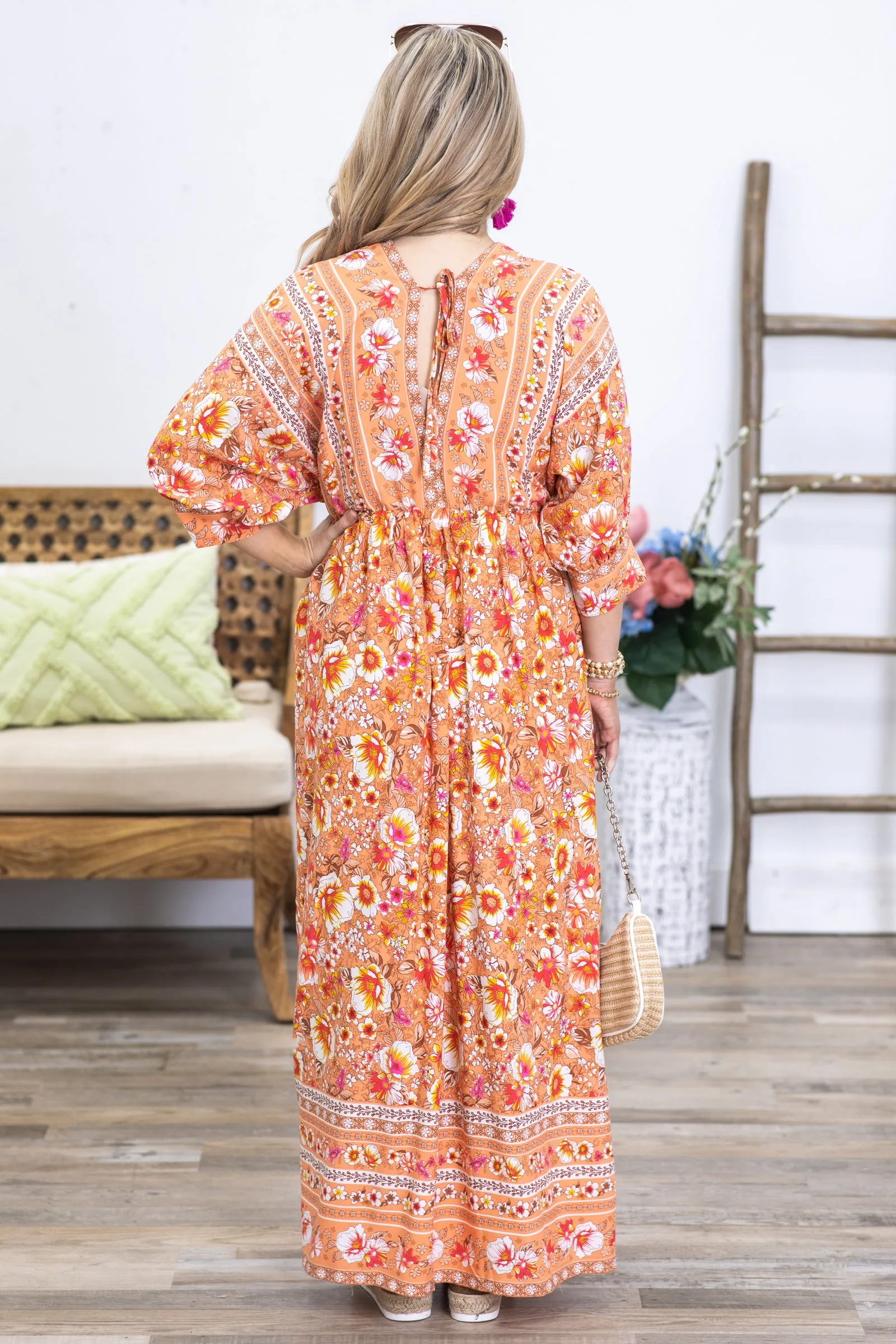 Orange Floral Boho Maxi Dress