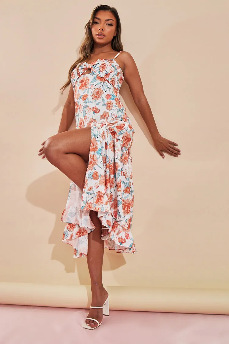 Orange Floral Print Shirred Bust Midi Dress - Renita