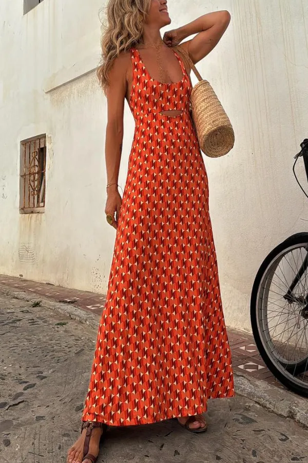 Orange Short Sleeve Regular Print Long Suspender Dress