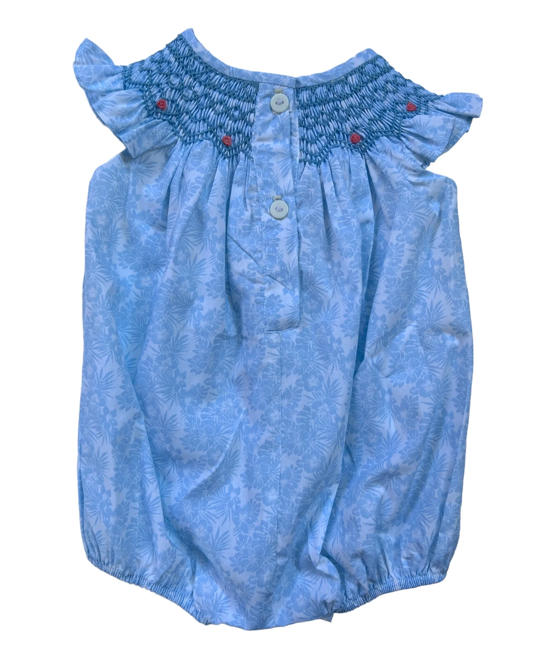 Pastel blue floral with coral rose smocked detail bubble