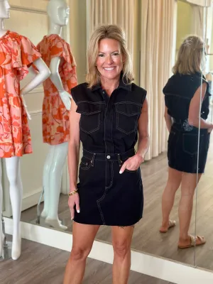 PI1099 Black Denim Mini Dress