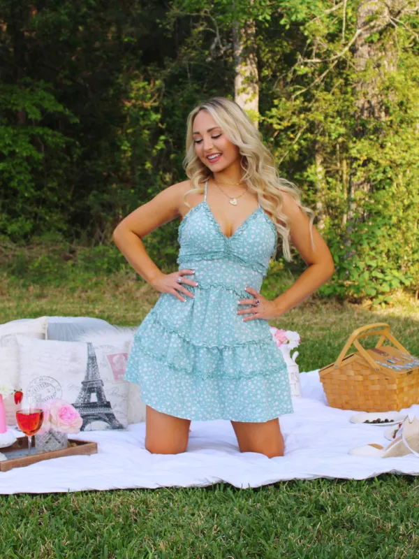 Picnic Date Floral Print Ruffle Tiered Open Back Dress, Mint