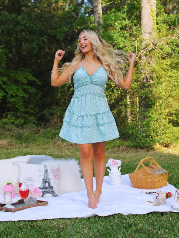 Picnic Date Floral Print Ruffle Tiered Open Back Dress, Mint