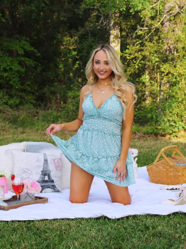 Picnic Date Floral Print Ruffle Tiered Open Back Dress, Mint