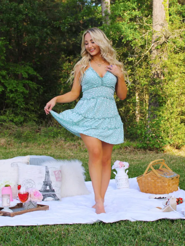Picnic Date Floral Print Ruffle Tiered Open Back Dress, Mint
