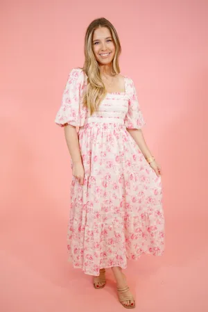 Pink and Ivory Floral Smock Dress