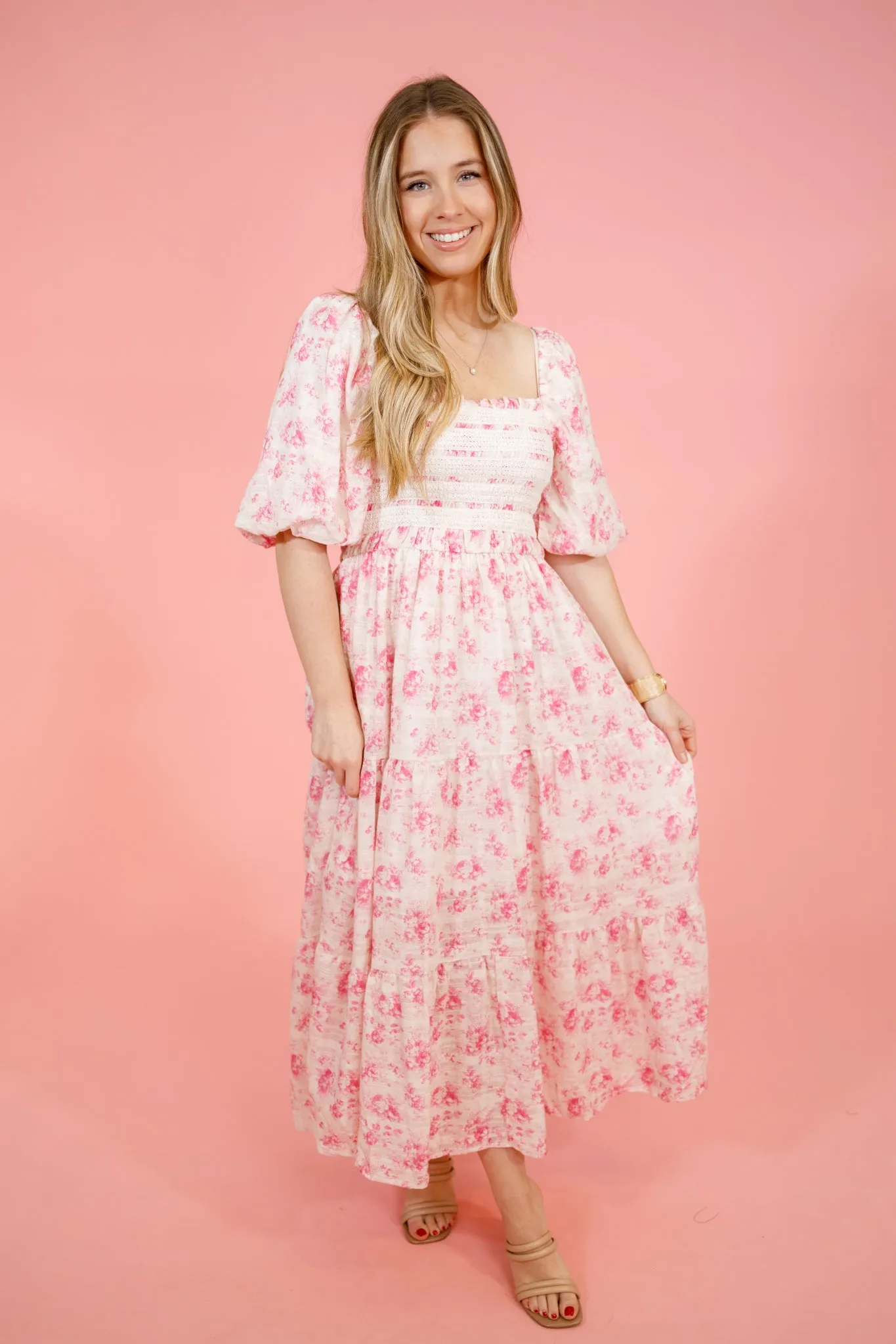 Pink and Ivory Floral Smock Dress