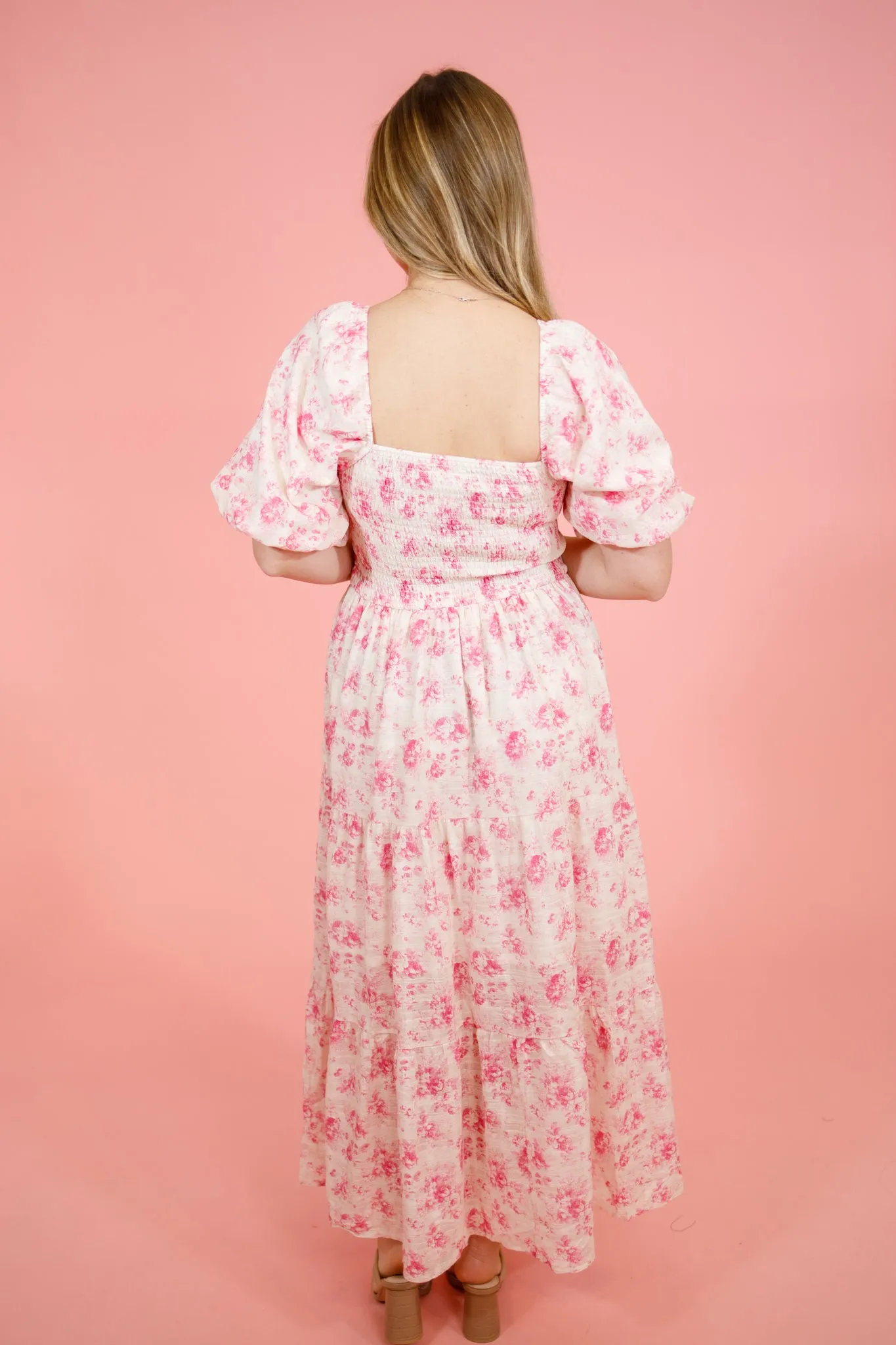 Pink and Ivory Floral Smock Dress
