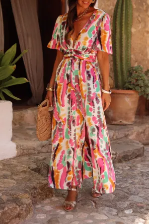 Pink Boho Tie-dye Print V Neck Maxi Dress