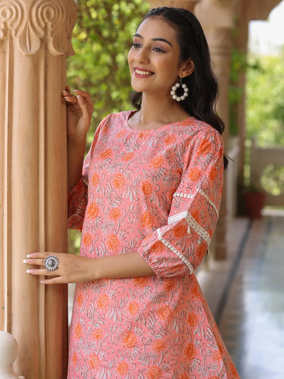 Pink Ethnic Printed Cotton Crochet Lace Embellished Short Kurti