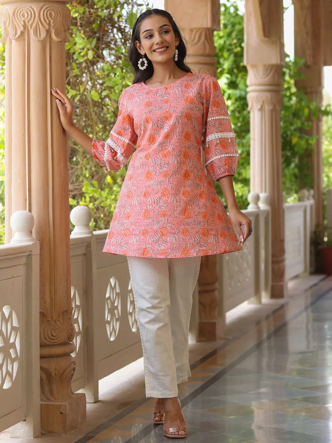 Pink Ethnic Printed Cotton Crochet Lace Embellished Short Kurti