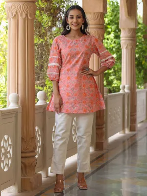 Pink Ethnic Printed Cotton Crochet Lace Embellished Short Kurti