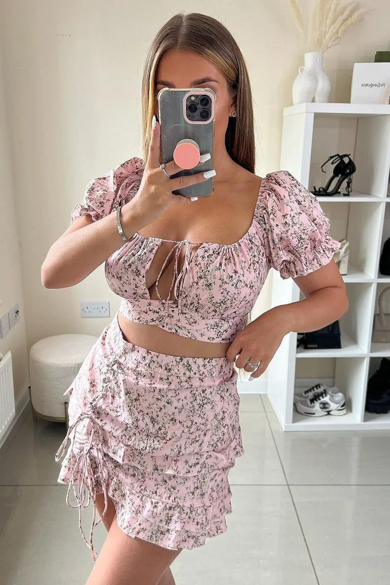 Pink Floral Print Bardot Crop Top & Frill Mini Skirt Set - Carly
