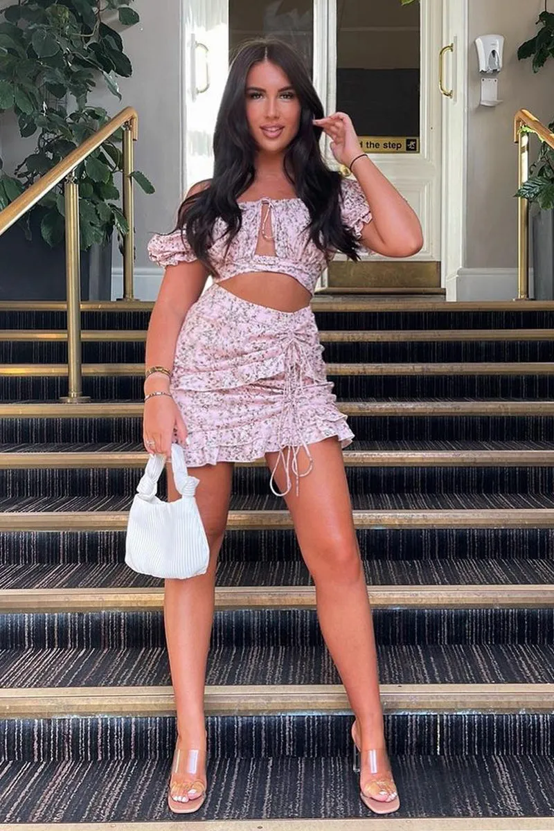 Pink Floral Print Bardot Crop Top & Frill Mini Skirt Set - Carly