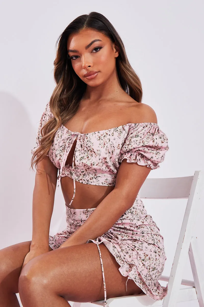 Pink Floral Print Bardot Crop Top & Frill Mini Skirt Set - Carly