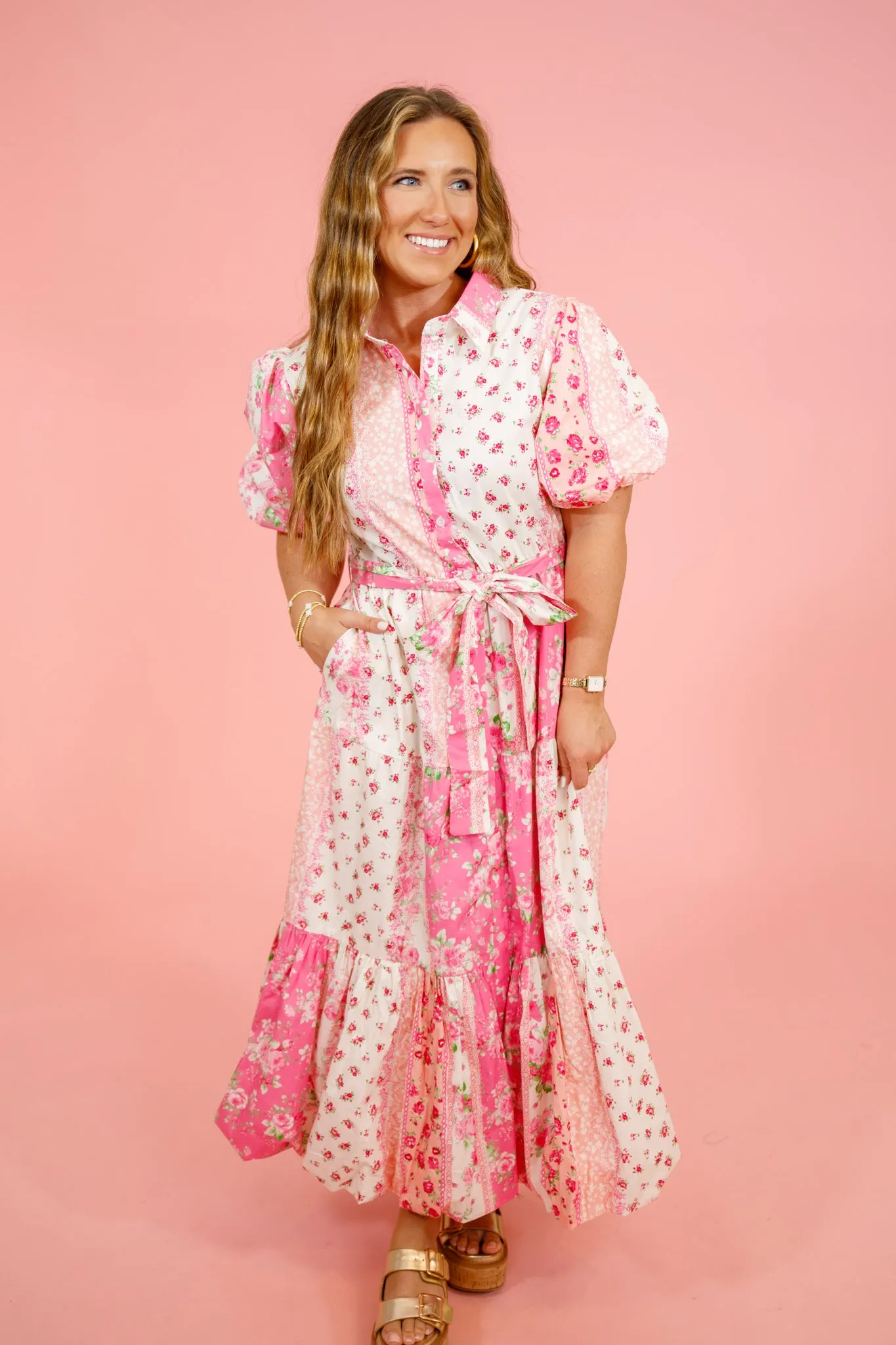 Pink Flower Multi Pattern Dress