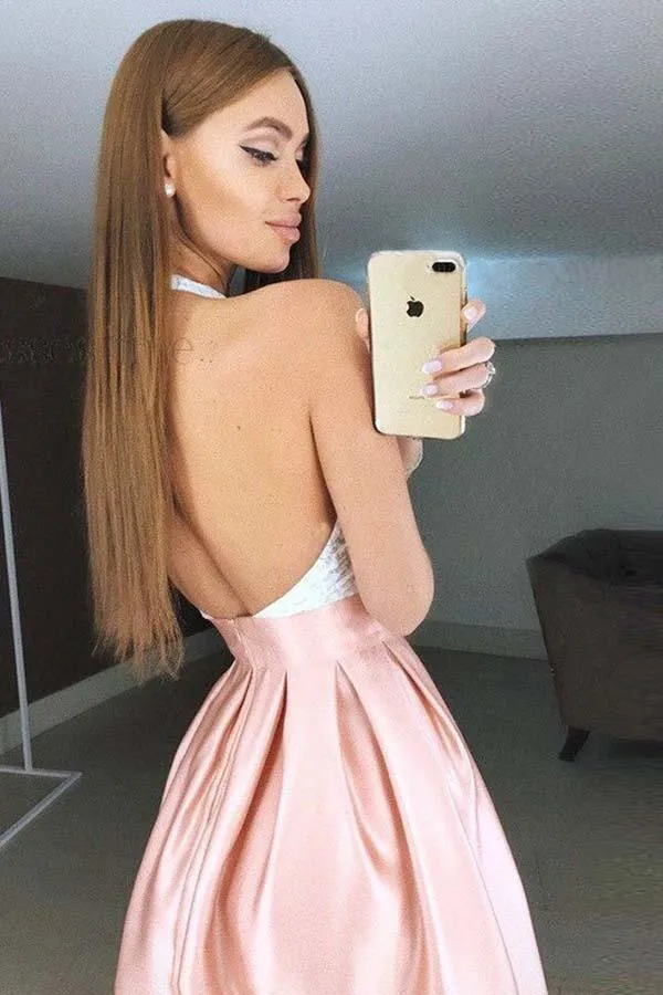 Pink Pleated Lace Bodice High Neck Backless Short Homecoming Dresses, SH589