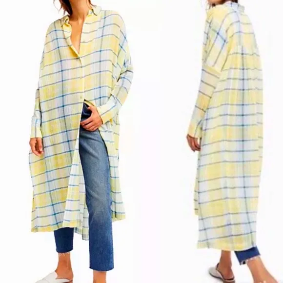 Plaid Pastel Boho Long Shirt Dress Kimono Oversized FP BY MY SIDE like new light